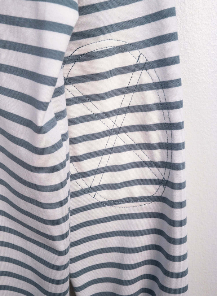 Close-up of the elbow area featuring stitched detailing on the Striped Long Sleeve Rugby Shirt.