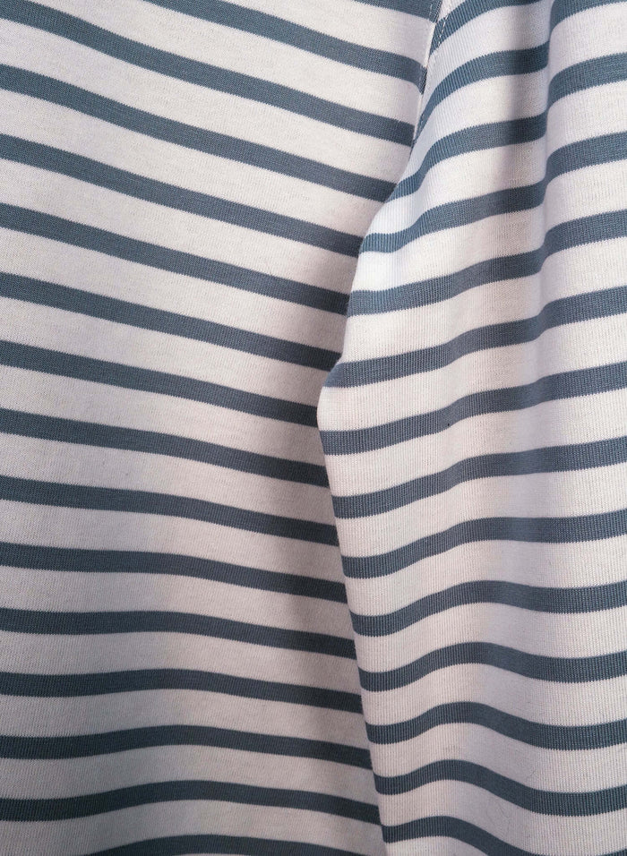 striped long sleeve rugby shirt with blue-grey horizontal stripes on a white background