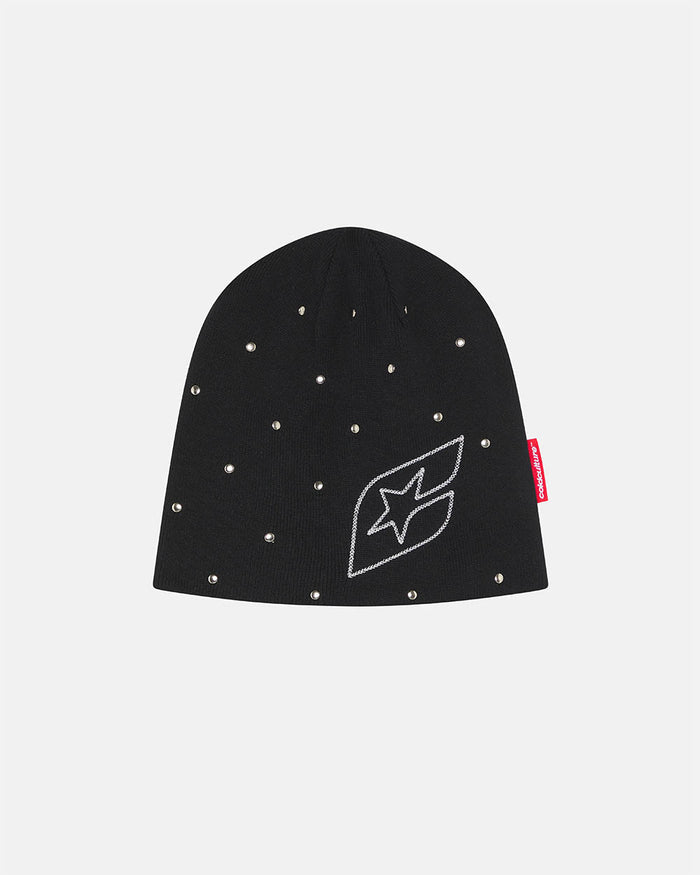 STUDS BEANIE BLACK - black studded beanie, front view - Cold Culture