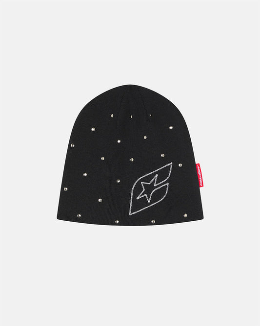 STUDS BEANIE BLACK - black studded beanie, front view - Cold Culture