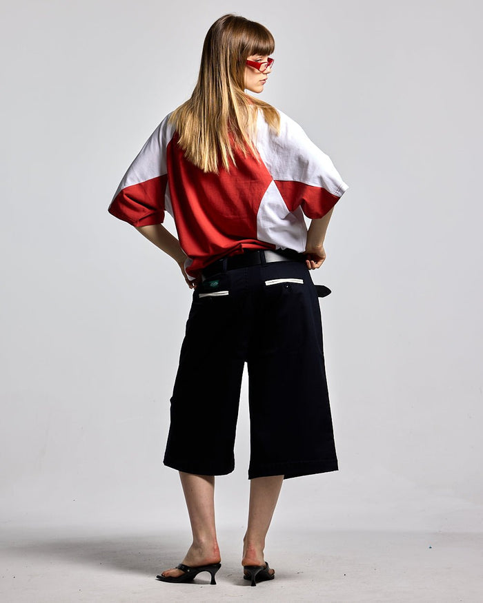 SUIT JORTS DARK BLUE - dark navy tailored shorts, back view on female model - Cold Culture #woman