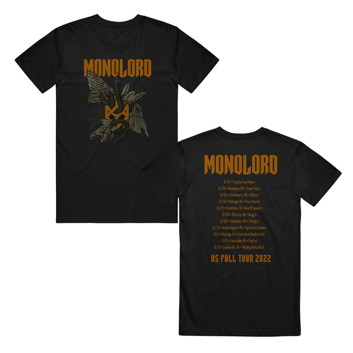 Monolord black T-shirt with Monolord logo above an illustrated eagle, snake, and symbol on front. Back features Monolord logo and US Fall Tour 2022 dates/locations in orange text.