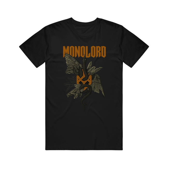 Monolord black t-shirt featuring bold orange “MONOLORD” text above a detailed graphic of a bird, leaves, and an orange geometric symbol, with a dark sword or staff running through the center.