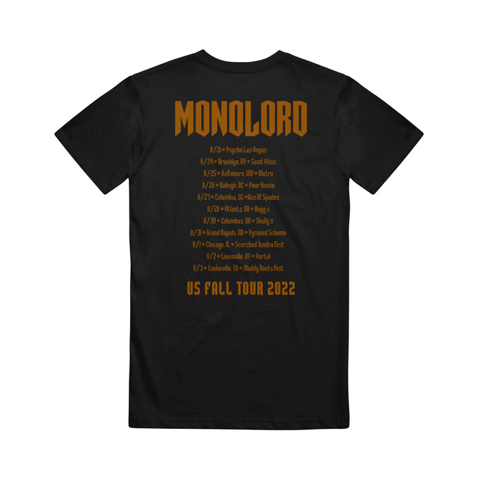 Black Monolord T-shirt featuring MONOLORD in large gold letters on top, with US Fall Tour 2022 dates and cities listed below in gold and tan text, ending with US FALL TOUR 2022 at the bottom.