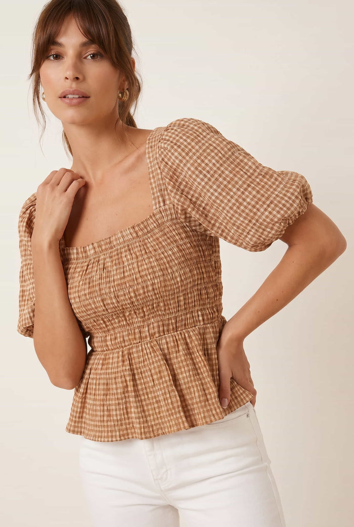 Tan Check Shirred Top