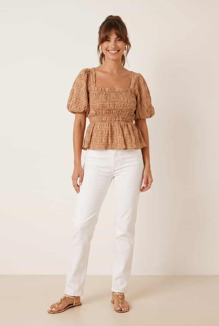Tan Check Shirred Top