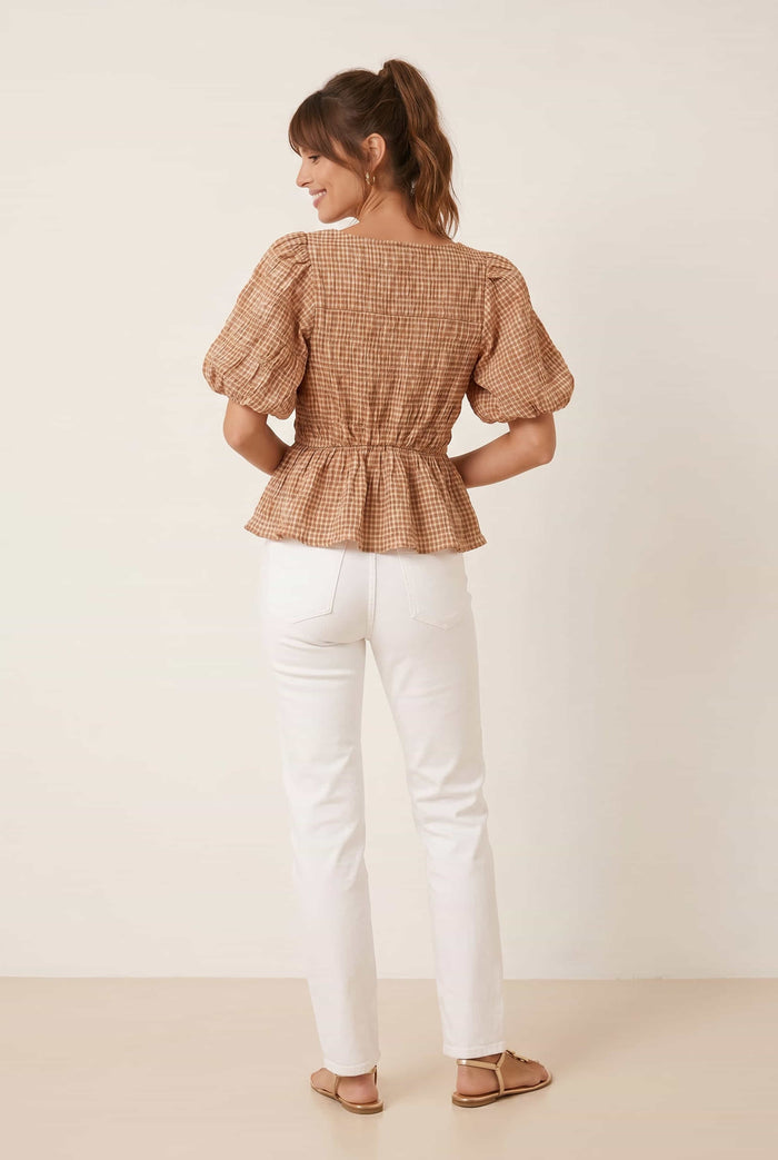Tan Check Shirred Top