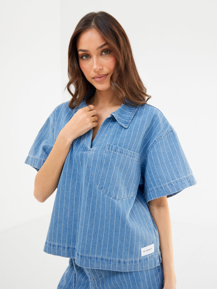 Tatum Denim Rugby Shirt - Mid Blue