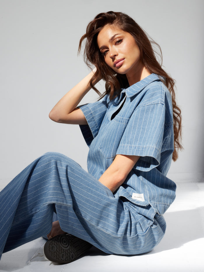 Tatum Pinstripe Jeans - Mid Blue