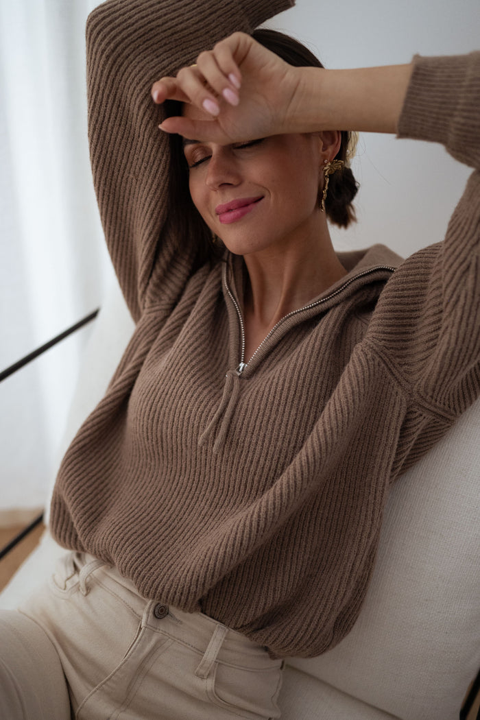 Taupe Eddy mockneck quarter-zip sweater, front view