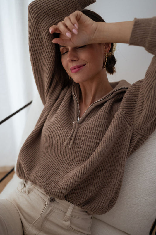 Taupe Eddy mockneck quarter-zip sweater, front view