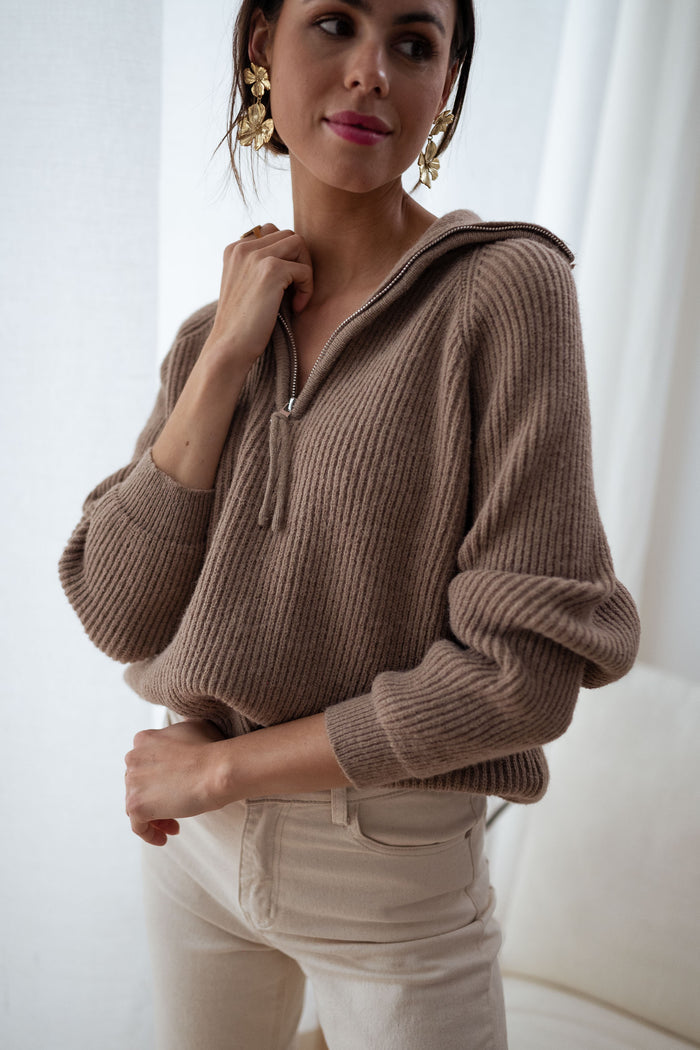 Taupe Eddy quarter-zip sweater detail