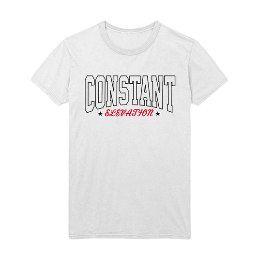 Constant Elevation white tee features bold black outlined “CONSTANT” above smaller red script “ELEVATION,” both centered on the front, with two small black stars flanking ELEVATION.