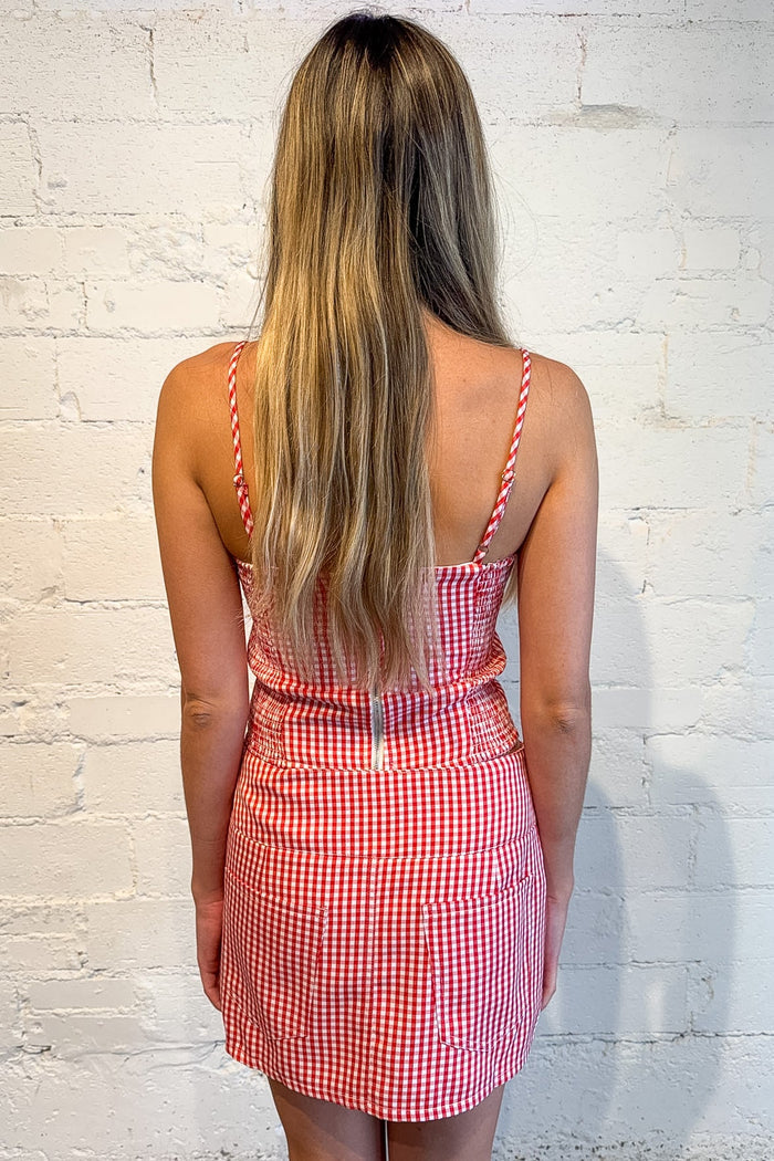 Navy mini skirt styled for a women's gameday outfit, red gingham outfit, red gameday outfit, red gingham gameday