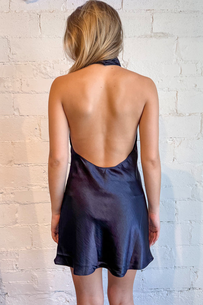 satin daydream dress, homecoming dress, cocktail dress, navy satin dress, dallas boutique