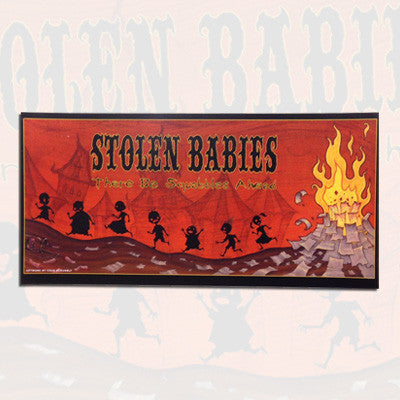 A striking banner from Stolen Babies displays There Be Squabbles Ahead with black child silhouettes and a blazing bonfire on a red background, designed to resemble a folded poster and ready to order.