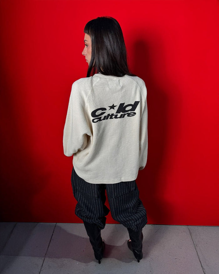 THERMAL LONGSLEEVE TEE WHITE - white thermal longsleeve tee, back view on female model - Cold Culture