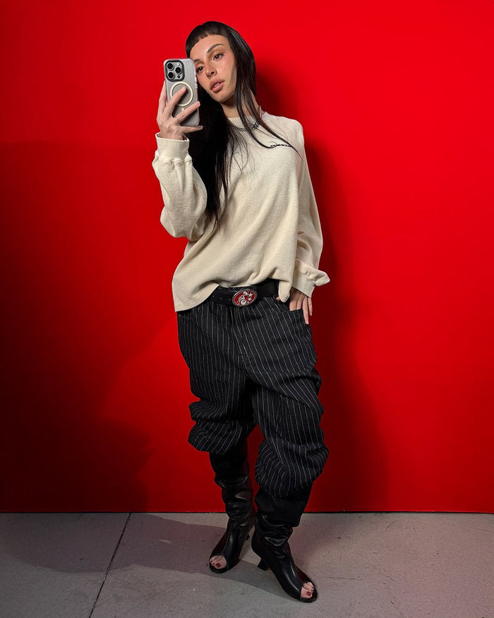 THERMAL LONGSLEEVE TEE WHITE - white thermal longsleeve tee, front view on female model - Cold Culture