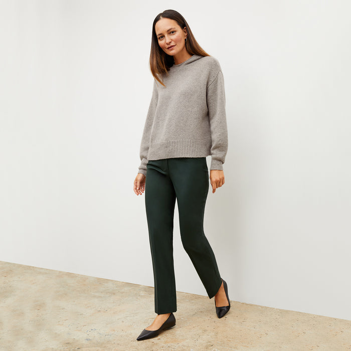 Front image of a woman wearing the thomas sweater in stormcloud | Lead