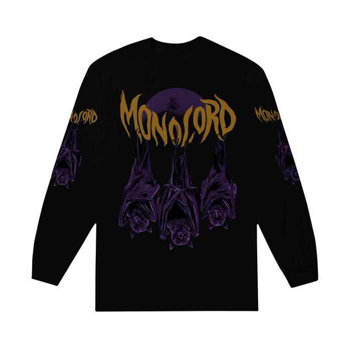 Monolord black long-sleeve shirt in 100% cotton features three purple bats hanging upside down below a large yellow Monolord logo on the chest, with matching bat graphics running down both sleeves.