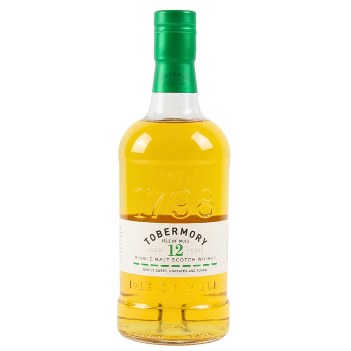 Bottle of Tobermory 12-year-old single malt Scotch whisky on a white background