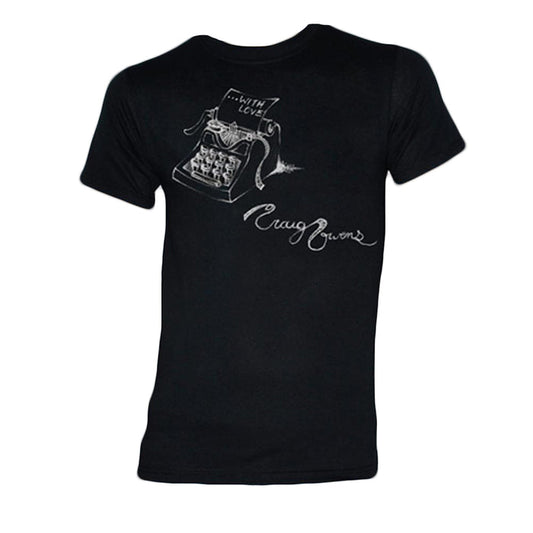 A black Craig Owens T-shirt with a white sketch of a typewriter, paper reading “…WITH LOVE,” and “Craig Owens” in cursive below.