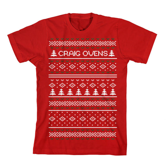 Red t-shirt with a festive knit-style design of trees, hearts, and diamonds, featuring the white Craig Owens logo across the chest.