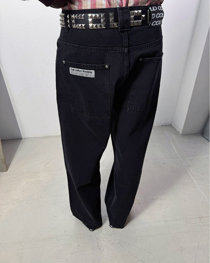 EMMO LEATHER BELT BLACK - black studded leather belt, worn detail - Cold Culture