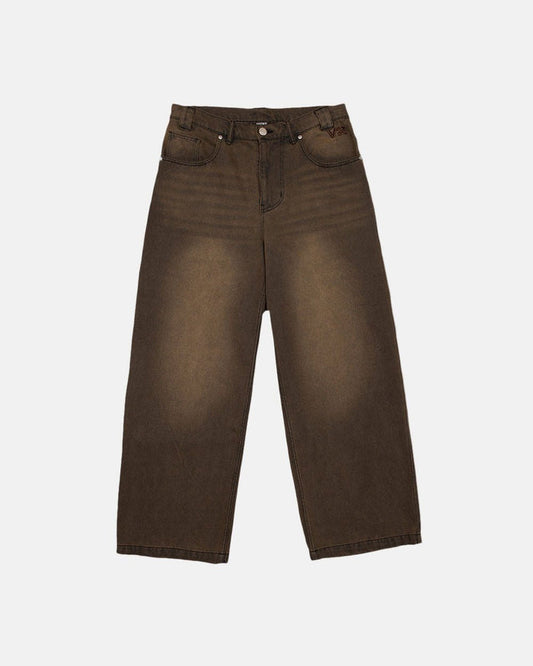 V2 PANTS FADED BROWN DENIM - faded brown baggy denim pants, front view - Cold Culture