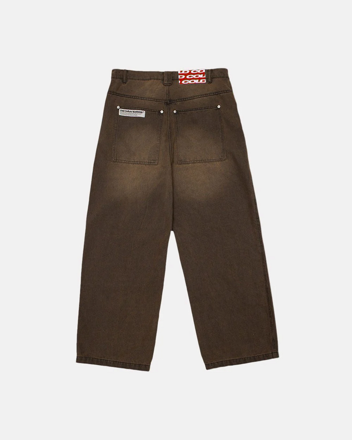 V2 PANTS FADED BROWN DENIM - faded brown baggy denim pants, back view - Cold Culture