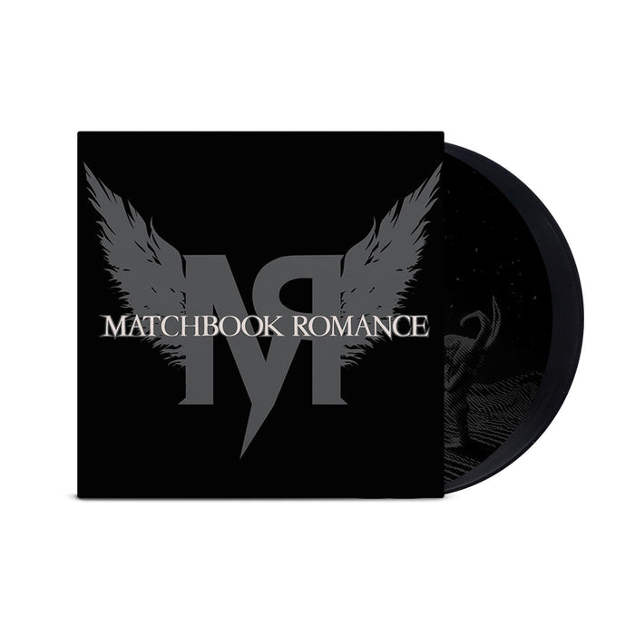 A black CD case with bold silver MR and wing-like designs, overlaid by the Matchbook Romance brand name. The partially visible CD features a dark, subtle pattern—bridging intense sound and emotion for your playlist.
