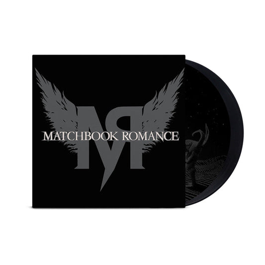 A black CD case with bold silver MR and wing-like designs, overlaid by the Matchbook Romance brand name. The partially visible CD features a dark, subtle pattern—bridging intense sound and emotion for your playlist.