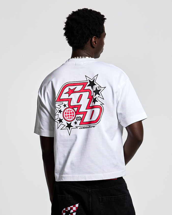 WALKER TEE WHITE - white graphic print tee, back view on male model - Cold Culture #man