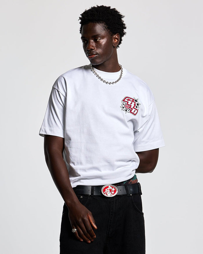 WALKER TEE WHITE - white graphic print tee, front view on male model - Cold Culture #man
