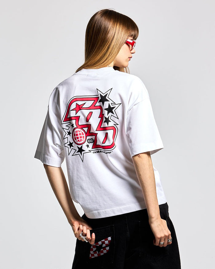 WALKER TEE WHITE - white graphic print tee, back view on female model - Cold Culture #woman