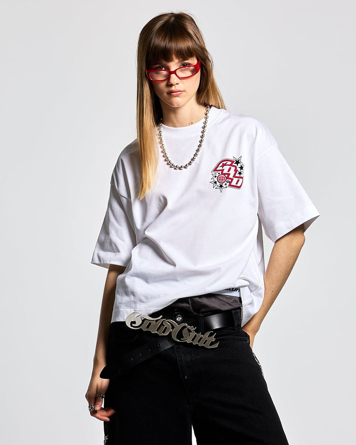 WALKER TEE WHITE - white graphic print tee, front view on female model - Cold Culture #woman