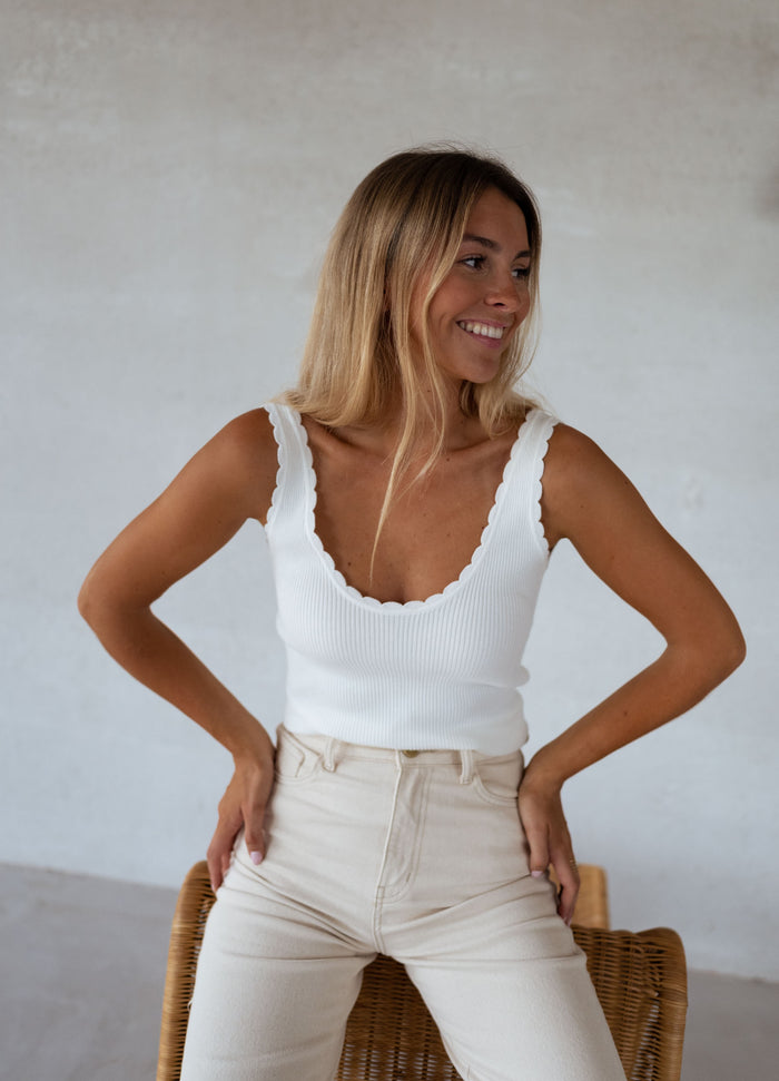 White Bella ribbed tank top, front view