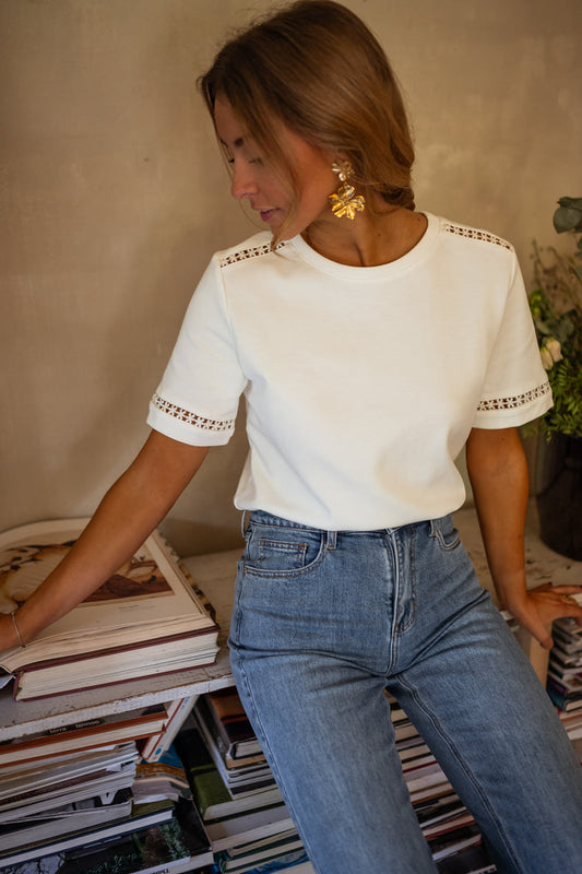 White embroidered Romina t-shirt, front view