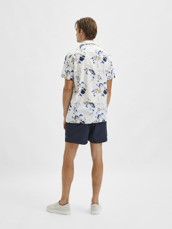 White Floral Cuban Collar Short Sleeves Shirt
