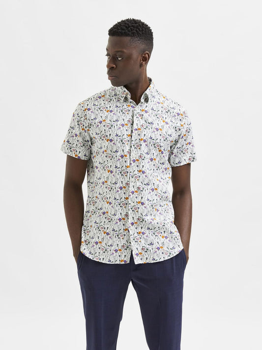 White Floral Organic Cotton Half Sleeves Shirt