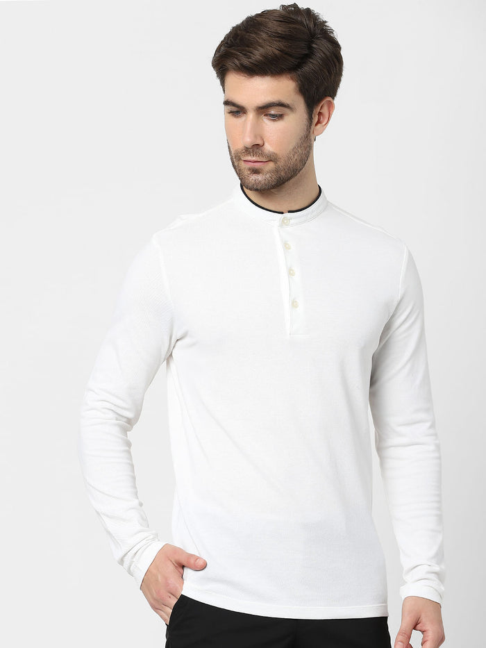 White Full Sleeves Polo Neck T-Shirt