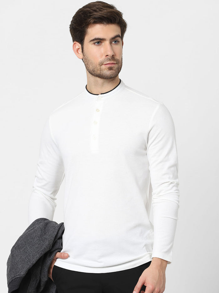 White Full Sleeves Polo Neck T-Shirt