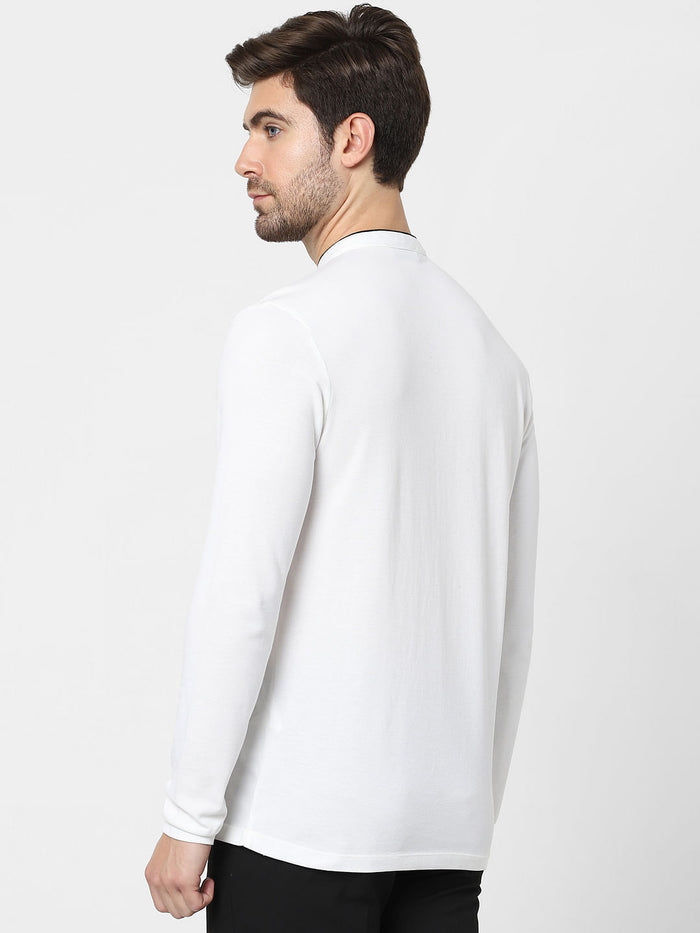 White Full Sleeves Polo Neck T-Shirt