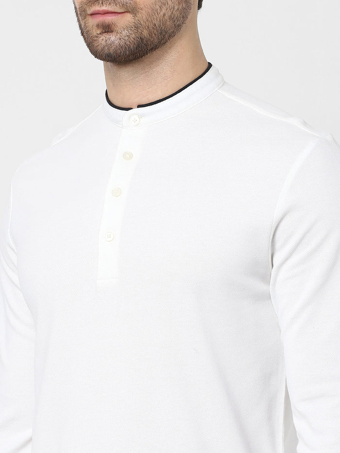 White Full Sleeves Polo Neck T-Shirt