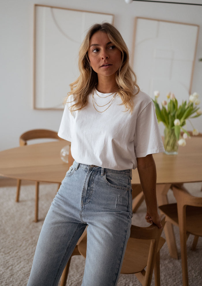 White Jane basic tee showing crewneck