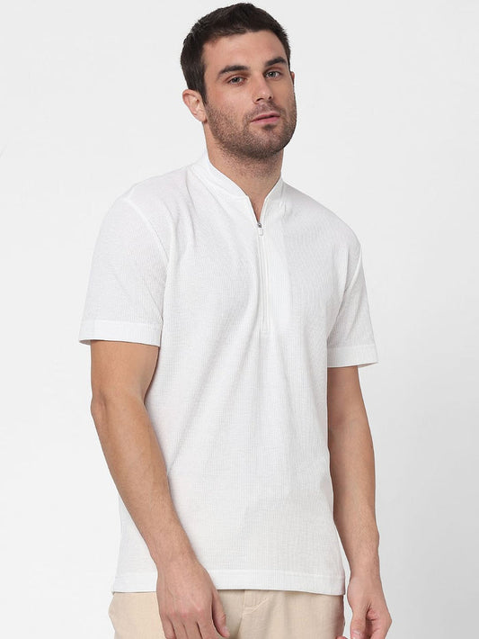 White Knit Polo Neck T-Shirt