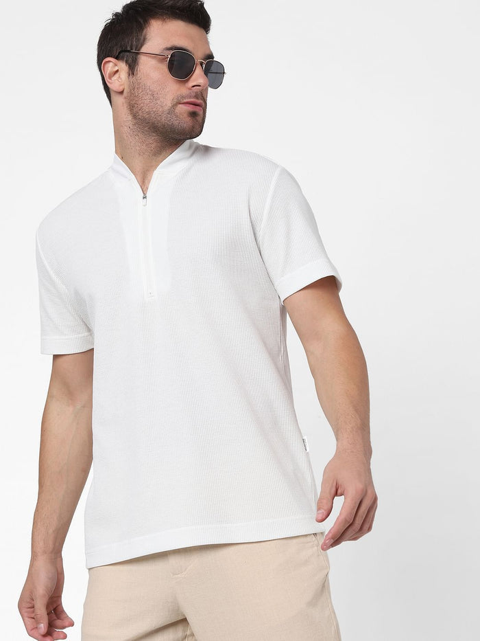 White Knit Polo Neck T-Shirt