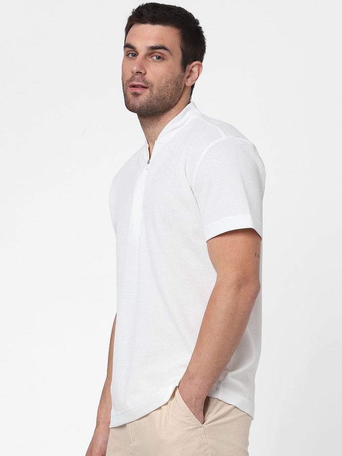 White Knit Polo Neck T-Shirt