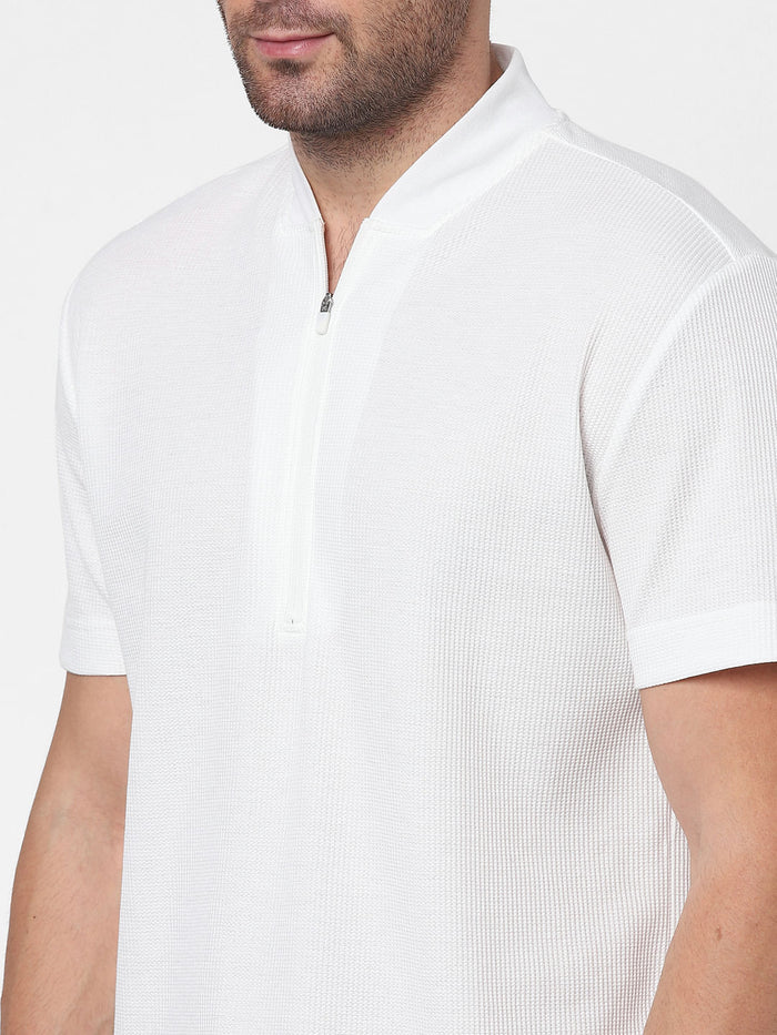White Knit Polo Neck T-Shirt