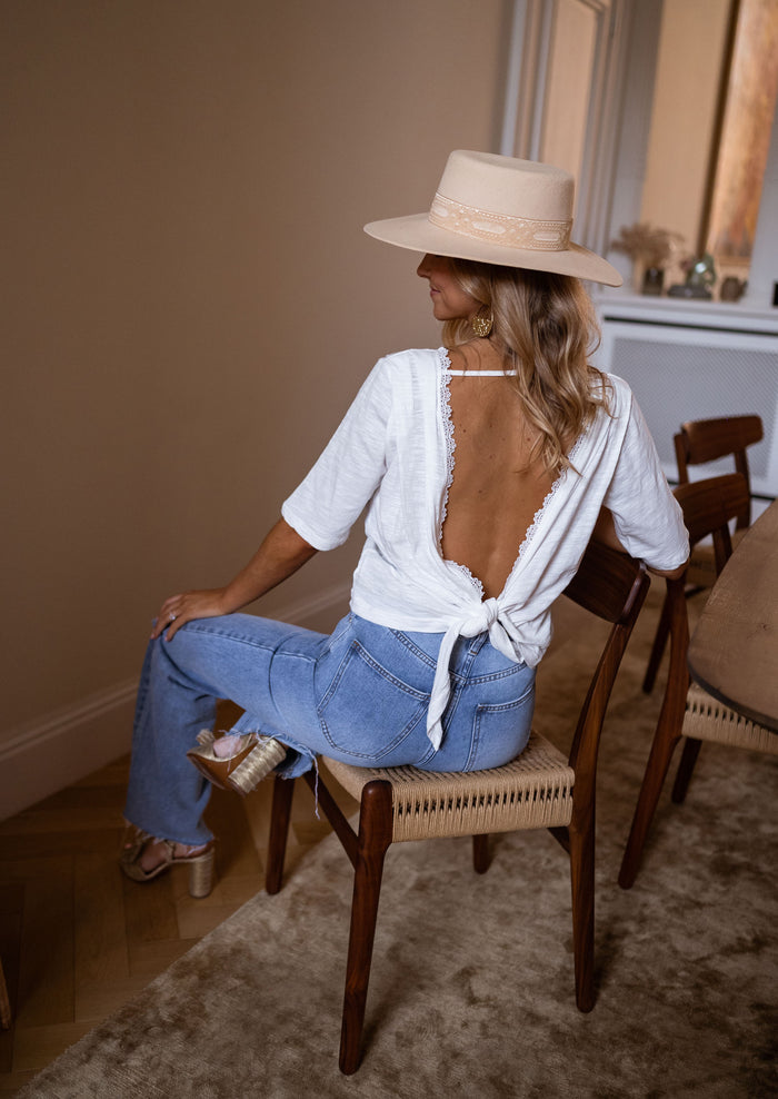 White Nola open-back lace t-shirt, front view